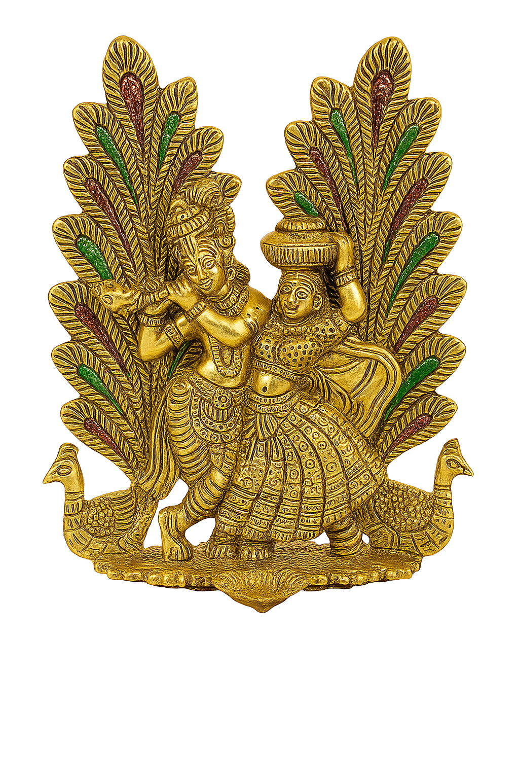 Intricately Carved Brass Radha Krishna Dancing Idol with Mor Pankh (Peacock Feather) Backdrop | Divine Home Mandir Decor