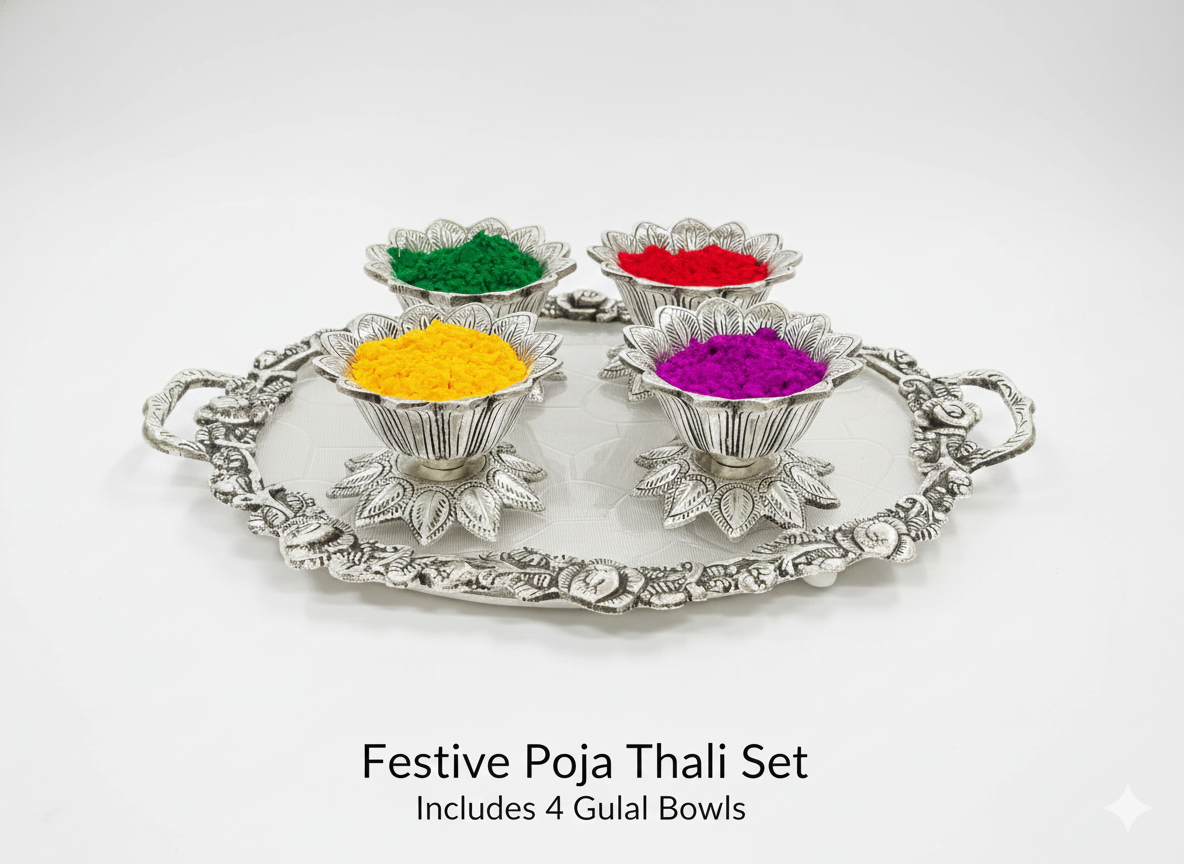 Exquisite Silver-Plated Lotus Pooja Thali Set – Includes 4 Floral  Bowls